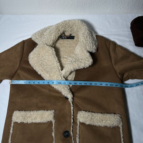 Zara Double Faced Coat Boxy Patch Pockets Faux Sherpa Faux Suede Brown S - Picture 8 of 16